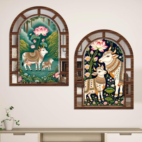 Image of Artvibes Decorative Jharokha Mirror | Wall Hanging Decoration Item for Living Room, Bedroom & Hall | Gift for Female (WHJ 12002N), Set of 2