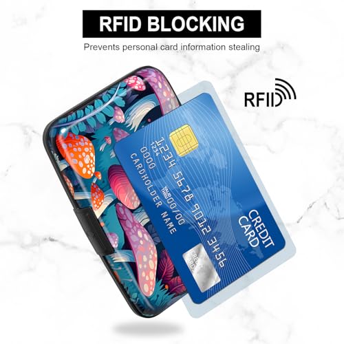 Image of Card Holder Credit Cards Holder for Women RFID wallet women Business Card Holder Wallet Mini Aluminum Card Wallet RFID Blocking Slim Metal Hard Card for Women, Pretty Mushroom