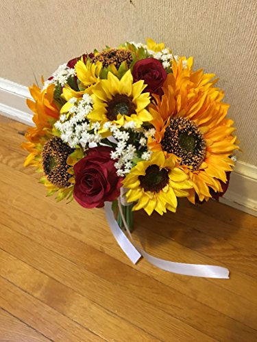Sweet Home Deco Silk Sunflower Rose Babysbreath Wedding Bouquet Bridal Bouquet Bridesmaid Bouquet Boutonnere In Yellow/Red (Yellow/Red-11''W Bouquet) #TOP1