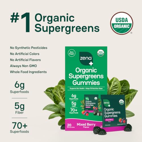 Image of Zena Nutrition Organic Super Greens Gummies, 70+ Superfoods, 0 Sugar, 5g Fiber, Spirulina, Chlorella, Prebiotics /Probiotics, Digestive Enzymes, Gut Health, Mixed Berry, 100 Gummies, 20 Servings