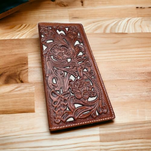 Urbalabs Mens Long Wallet Floral Cutout Layered Leather Brown White Soft Leather Checkbook Style Cowboy Hand Crafted High End Mens Wallets Leather Bull Rider Rodeo Concho Gifts For Men2