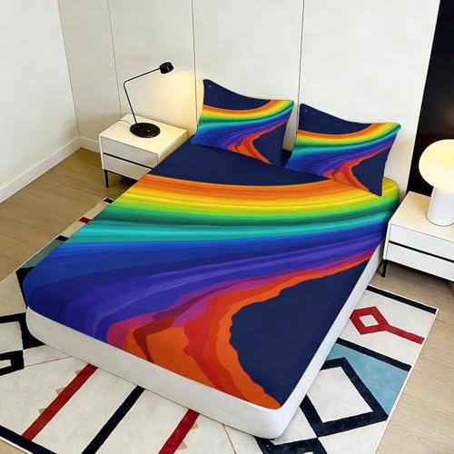 Drap housse 3D imprimé arc-en-ciel lavable en microfibre douce - 5
