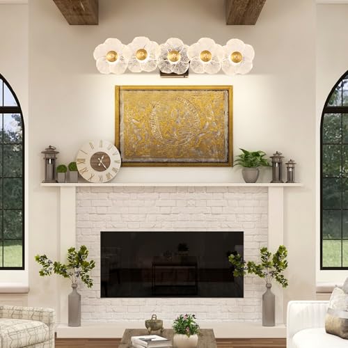Image of MantoLite 26.7'' Bathroom Light Fixtures Modern Vanity Light Over Mirror Adjustable 3000K-6000K Picture Lights Art Light with Floral Clear Glass Shades for Living Room Bedroom (5 Light Black)