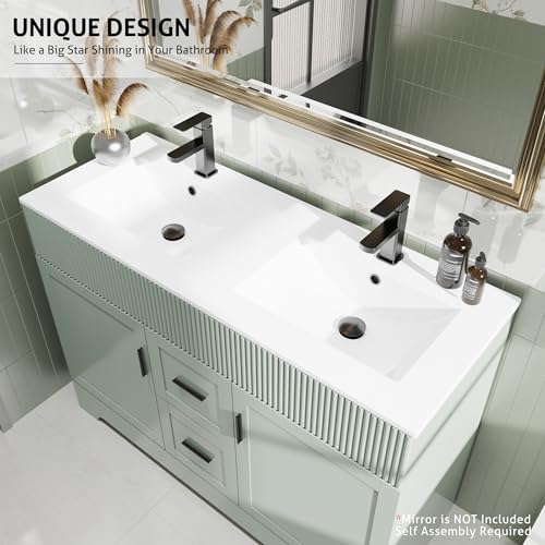 Image of eclife 48 inch Bathroom Vanities Sink Combo with Painted Surface, Modern Drawered Cabinet W /Decorative Wave Lines, Undermount Double White Sink, Matte Black Faucet Drain, Gray Green