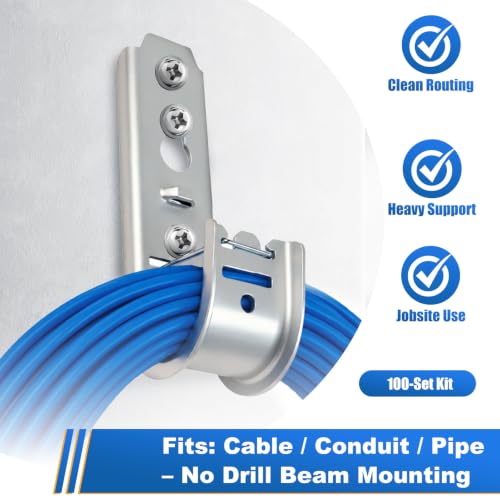 Image of 3 /4 Inch Wall Mount Cable Support J Hooks, 100 Pack with Retainer Clips
