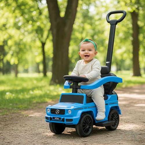 Image of Best Ride On Cars Kids Outdoor Stroller Mercedes G-Wagon 3-in-1 Push Car with Detachable Handle, Safety Rails, and Working Horn, Blue