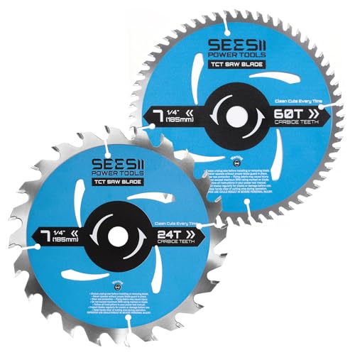Seesii 7-1/4' Circular Saw Blade, 24T & 60T 2-Pack Combo, 5/8' Arbor, Carbide Tipped Teeth, Thin Kerf, Heavy Duty TCT Saw Blades for Wood Plywood MDF OSB Plastic Cutting, Fine & Ultra Finish