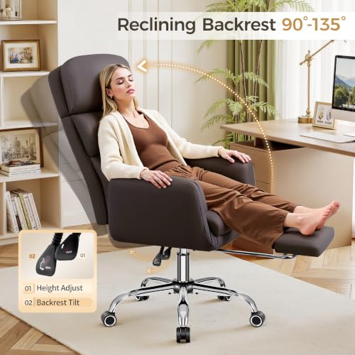 Image of Big and Tall Office Chair 500LBS, Ergonomic High Back Leather Executive Chair, Reclining Swivel with Adjustable Armrests Lumbar Support Footrest, Cross Legged, Coffee