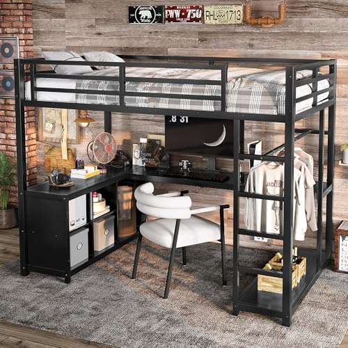 Image of Bellemave Twin Size loft Bed with L Desk, Wardrobe, Metal Twin Loft Bed Frame for Adults, Kids, Teens, Black
