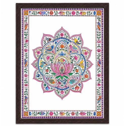 Image of PAPER PAJAMA Lotus Mandala Wall Art for Living Room | Madhubani Floral Mandala Painting | Traditional Mithila Folk Art Framed Decor for Home, Bedroom & Office (10x13 Inches)