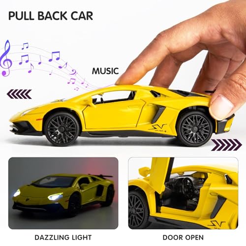 Image of 1:32 Scale Lamborghini LP750 Diecast Car | Metal Pullback Toy with Openable Doors, Sound, Light Effects for Kids & Car Enthusiasts (Yellow)