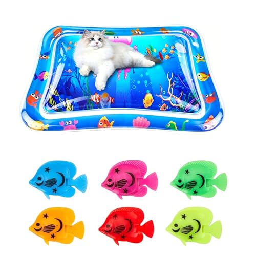 kowgical Cat Water Mat Interactive Toys 25x17 inch Cat Dog Water Playmat with Fish Pet Mat Floating Fish for Indoor Outdoor Cats and Kittens