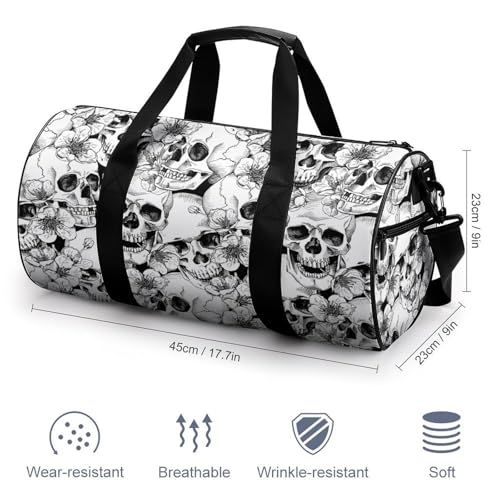 Flowers Cherry Black White Floral Skulls Large Capacity Cylindrical Fitness Bag, Hand-held Fitness Bag2
