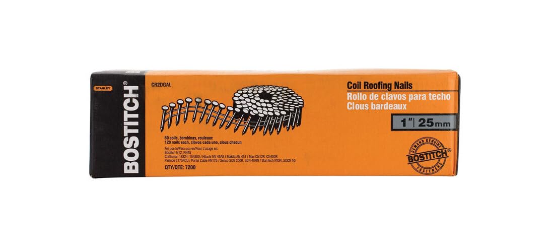 BOSTITCH CR2DGAL 1-Inch 15 Degree Smooth Shank Coil Roofing Nails (7,200 per Box)