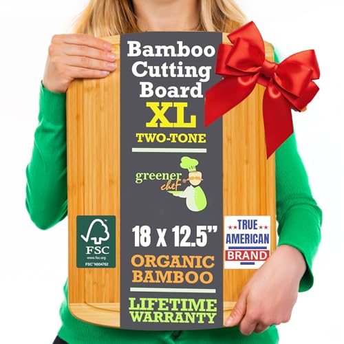 Organic 18 Inch Extra Large Bamboo Cutting Board with Lifetime Replacements - Non Toxic Wood Chopping Board with Juice Groove for Kitchen, Meat, Vegetables, and Food Prep Prep by Greener Chef