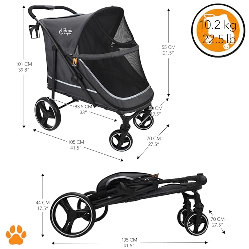 MY DUQUE – Hundebuggy Hundewagen CHAMP – XL Buggy große Hunde, geräumig, Tierwagen, Haustierwagen, Katze, Hund, Zusammenfalten, inkl. Regencover, Getränkehalter, Stauraum, max. Last 50kg/110lb, Grau