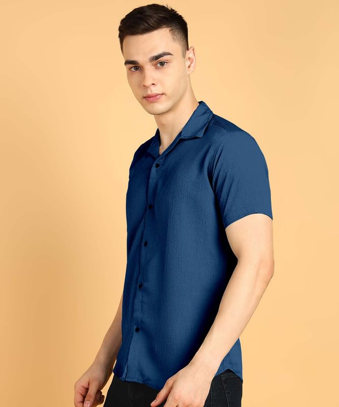 Image of COMBRAIDED Men's Solid Cotton Blend Half Sleeve Shirt - Regular Fit Casual Button-Down Shirt for Office & Travel - Summer & Spring