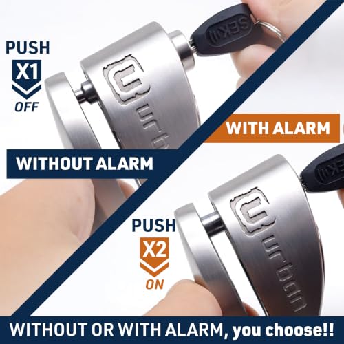 Image of URBAN UR910S Approved Motorcycle Disc Lock with Hi-Tech Alarm | 120dB, X2 ON | SRA & Sold Secure Gold Tested Anti-Theft for Motorbike Scooter Bike | 10mm Double Locking, Stainless Steel