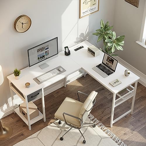 Image of CubiCubi L Shaped Gaming Desk with Power Strip, 150 * 120cm Reversible Corner Computer Desk with Storage Shelves, Modern Home Office Gaming Table, White