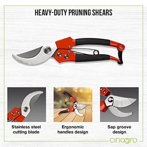 Image of Cinagro (Set of 3) Stainless Steel Gardening Tools, Pack of Hedge Shears with Wooden Handles, Pruning Shears and Gardening Scissors with Gloves, Sharp Blades for Easy Cutting (Multicolor)