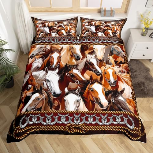 Homemissing Juego de ropa de cama con diseño de caballo occidental, tamaño King, funda de edredón para niños, niñas, adolescentes, casa de campo, 1 funda de edredón + 2 fundas de almohada