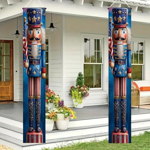 Image of BlissYard Patriotic Nutcracker Door Banner July 4th Hanging Banner Nutcracker Decor for Independence Day Porch Banner Memorial Day Door Cover for Front Porch Wall Patriotic Decorations 12x72 Inch