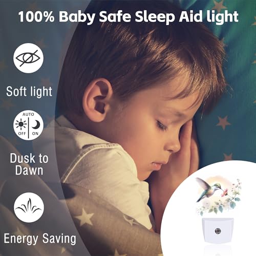 Image of Groovy Hummingbird Flower Night Light for Kids, Watercolor Floral Bird Night Light Plug in with Dusk to Dawn Sensor, 0.5w Energy Saving Sleep Friendly Nightlight for Hallway Stairway Kitchen Bedroom