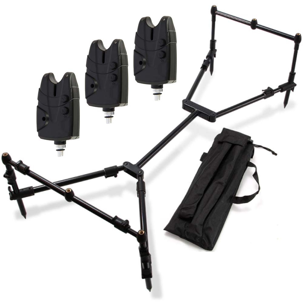 G8DS® Set Rod Pod Rutenhalter mit 3 Bank Sticks + Tragetasche inklusive 3 Bissanzeiger mit Lautstärke- und Tonregler Karpfen Angeln