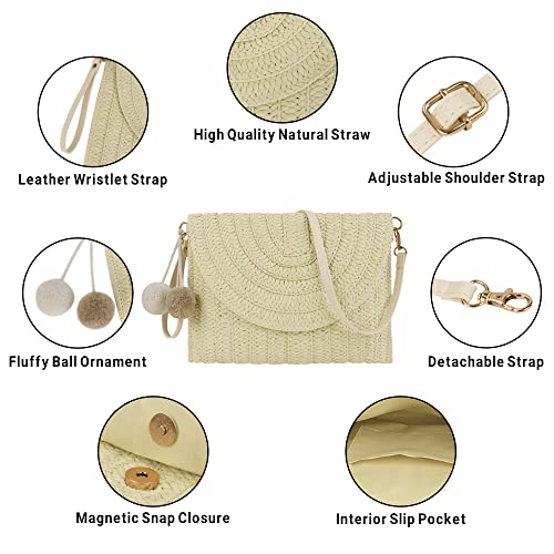 Women Straw Crossbody Handbag Woven Shoulder Bag Summer Beach Envelope Clutch Purse with Pom Poms (Beige)4