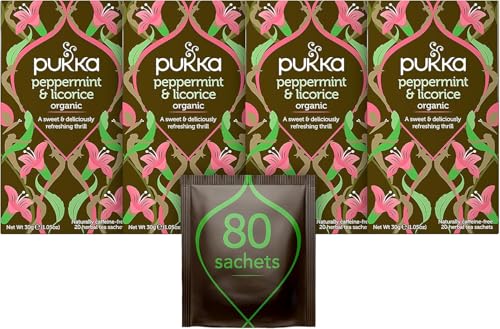 Pukka Herbs, Peppermint & Licorice Herbal Tea, Caffeine Free, 20 Teabags (4 Pack)