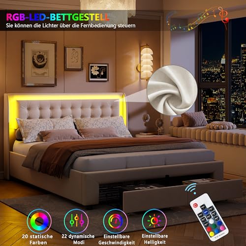 SHAODENG Boxspringbett 180x200 Doppelbett mit LED-Kopfteil, Hydraulisch Stauraumbett mit 2 Schubladen, Bettgestell mit Stauraum und Lattenrost, Beige Samt Gepolsterte Bett, ohne Matratze