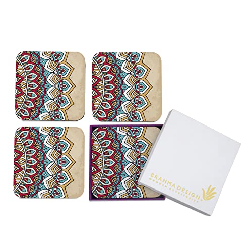 Image of Wooden Coaster Set with Gift Box | Mandala Vintage 2 Design | Set of 4 Tabletop Square Coasters 3.75 inch x 3.75 inch | Kitchen Table Wooden Decorative Items | for Cups, Mugs, Cans, Glasses