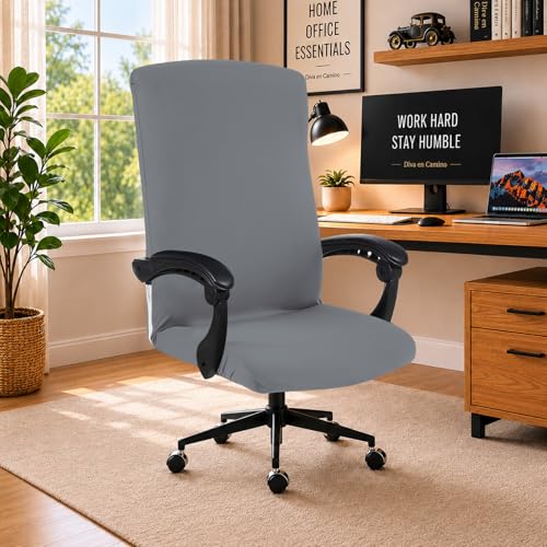 Image of Elastic Computer Chair Cover with Durable Zipper - Protective Removable Washable Universal Office Desk Chair Seat Slip Cover - Stretchy Soft Anti-dust Desk Chair Seat Protector - Mid Gray