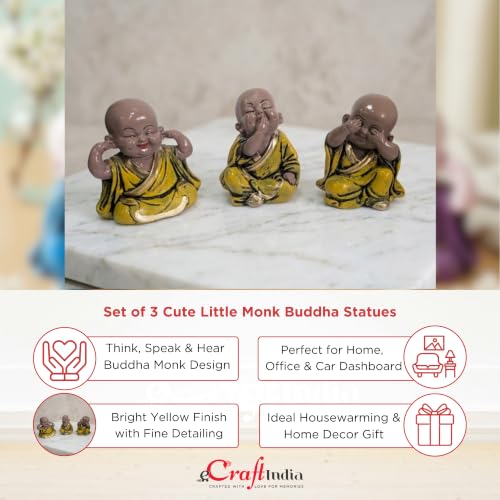 Image of eCraftIndia Resin Yellow Think No Evil Speak No Evil Hear No Evil Set of 3 Cute Little Monk Buddha Statues Decorative Showpieces for Car Dashboard Home Office Desk Decor Gift Purpose