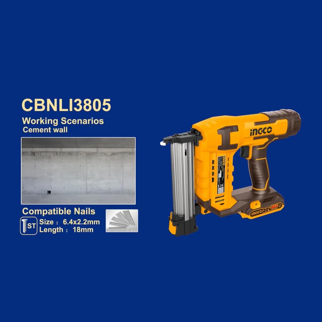 Ingco Cstli3805 Chiodatrice a Batteria per Calcestruzzo Cemento Legno Metallo St 18 mm in valigetta Solo Corpo