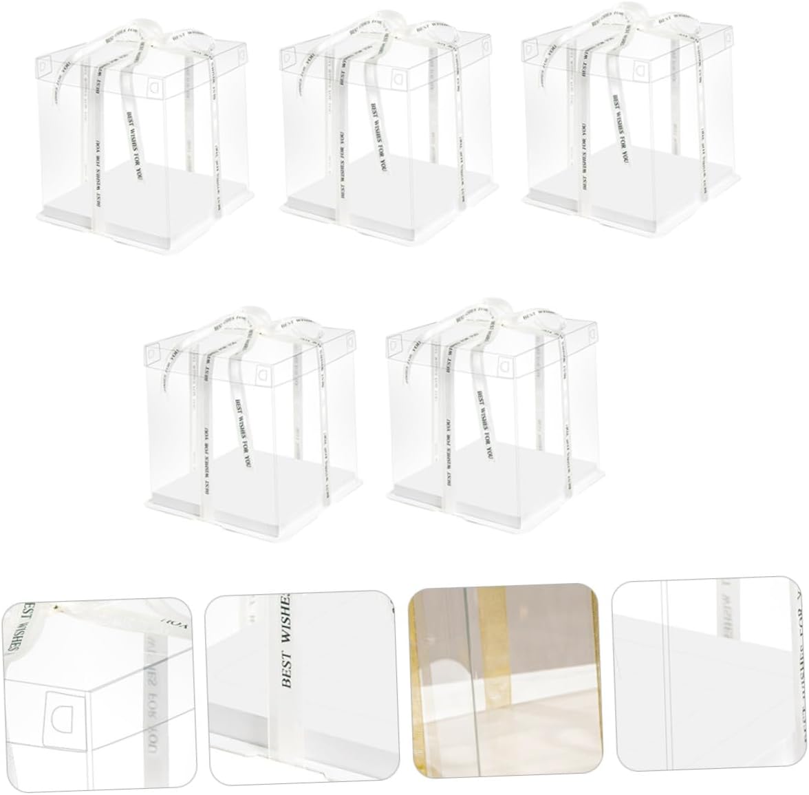 Lurrose 8-inch Square Cake Box with Lid Food-grade Plastic Cake Packaging Container 5pcs with Ribbon for Parties and Celebrations