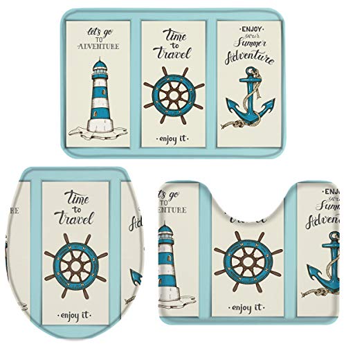Queenker 3 Pieces Bath Rug Set Toilet Seat Cover Lighthouse Rudder Nautical Anchor Print Contour Rug, Pedestal Mat and Toilet Lid Cover?Non-Slip Bathroom Floor Mat