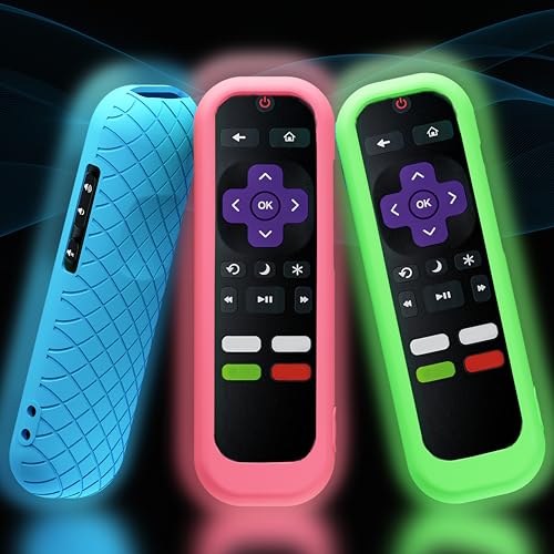 GMXT 3 Pack Silicone Case for Roku Remote Cover for Hisense/TCL Roku TV Steaming Stick/Express Universal Replacement Controller Silicone Sleeve Skin Glow in The Dark (Blue/Green/Pink)