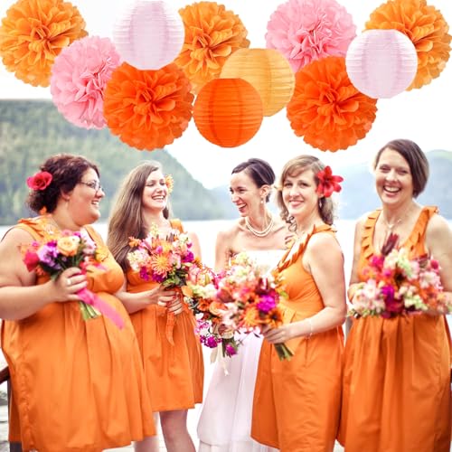 Image of Pink-Orange Groovy Party-Decorations Paper-Flowers Lanterns - 15PCS Baby Shower Tissue Pom Poms Streamers, Fall Wedding Boho Birthday Bridal Bachelorette Sunset Hanging Supplies Decor Hugfond