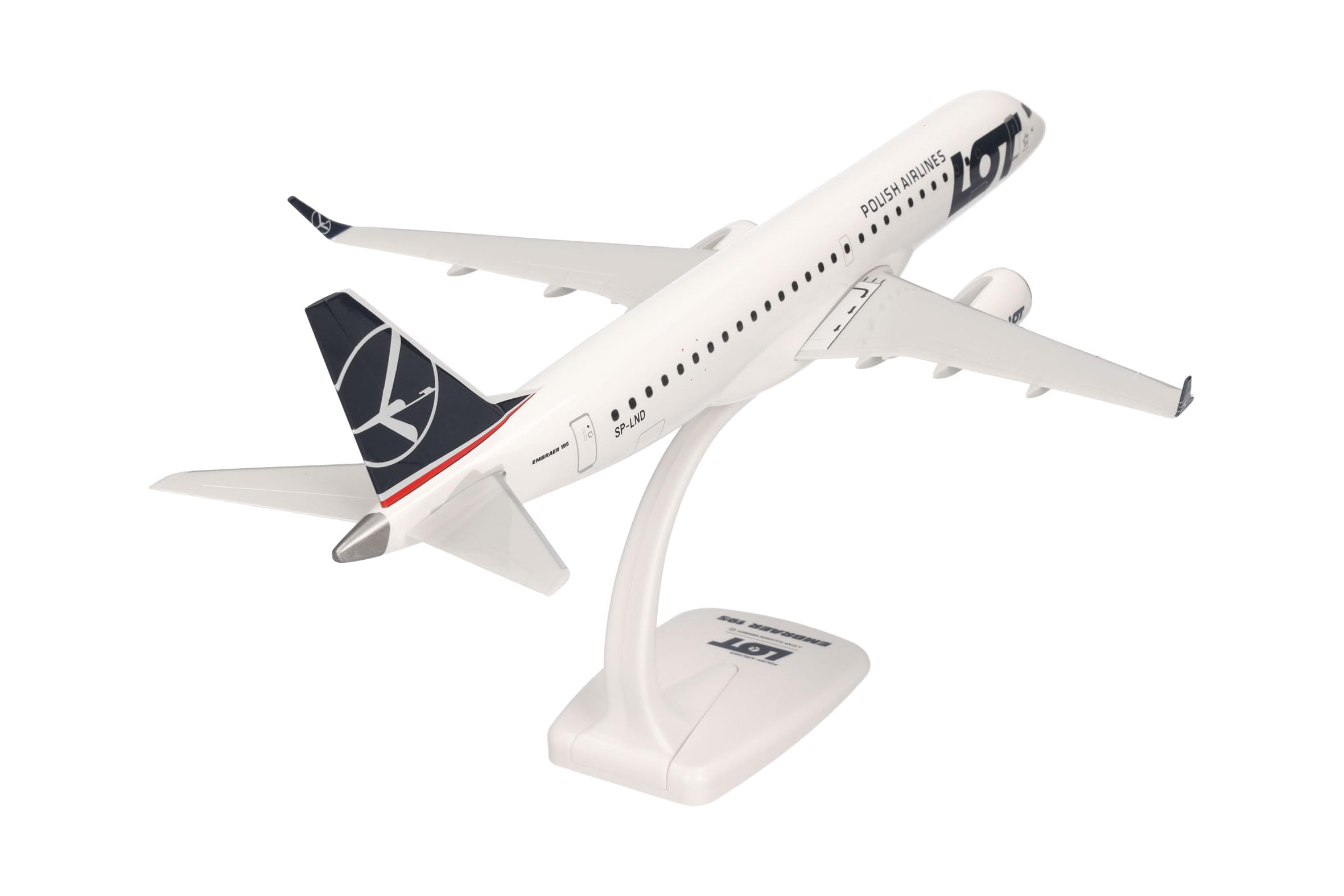 Herpa Snap-Fit Modellino di aereo LOT Polish Airlines Embraer E195 - SP-LND, miniatura in scala 1:100, pezzo da collezione, modello con base, plastica