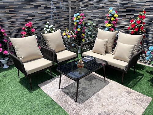 Image of LOCCUS 4-Piece Outdoor Rope Patio Furniture Set - All-Weather Waterproof Conversation Set with Cushions, Modern Woven Bistro Set for Balcony, Lawn, Garden, or Terrace (Brown & Beige)