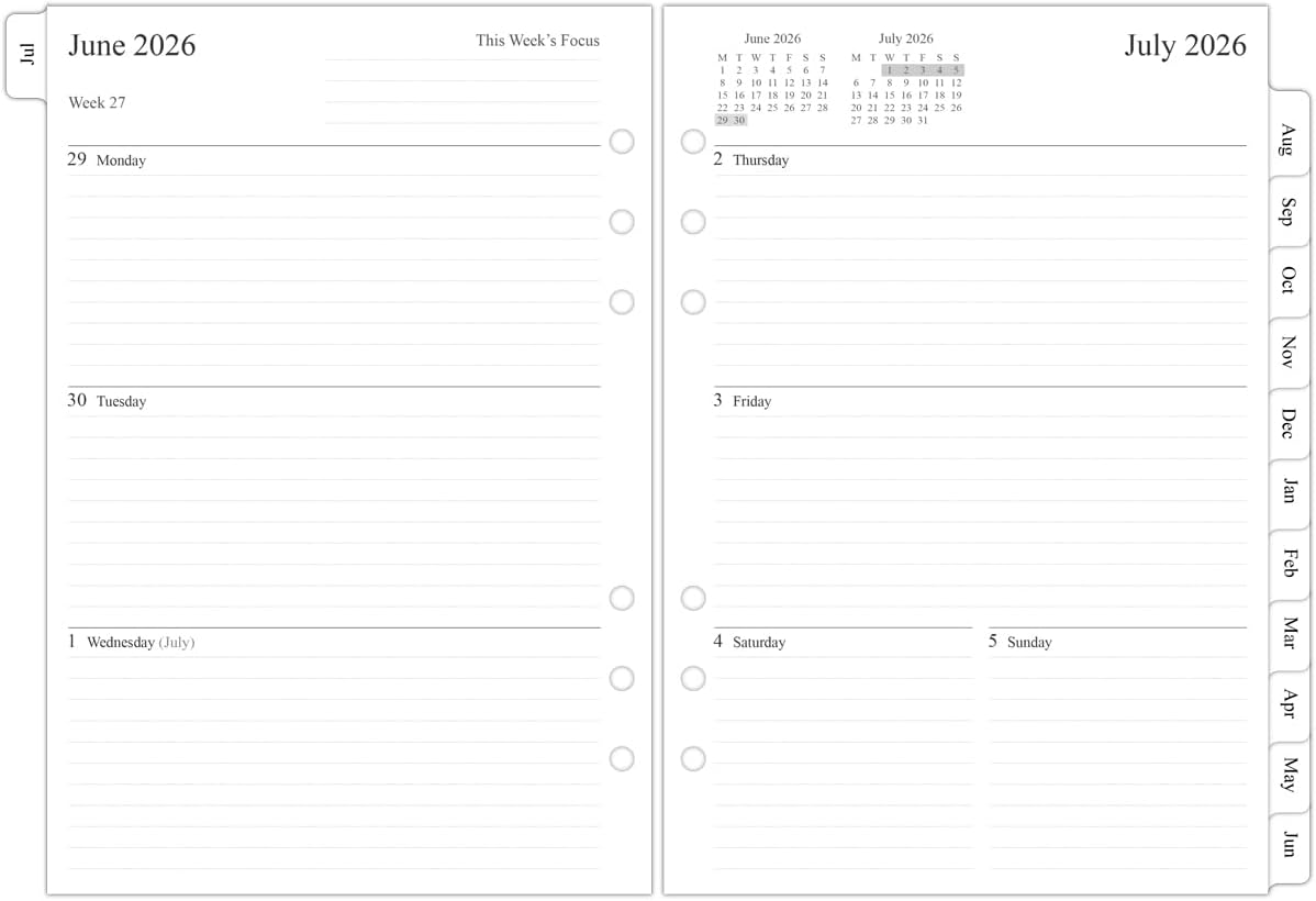 26-27 Middle Year Weekly Diary Refill A5 Size, Week on Two Pages, Monthly Tabs, Jul 2026 - Jun 2027, Filofax A5 Compatible