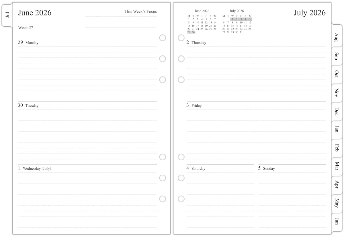 Orgnizme 26-27 Middle Year Weekly Diary Refill A5 Size, Week on Two Pages, Monthly Tabs, Jul 2026 - Jun 2027, Filofax A5 Compatible