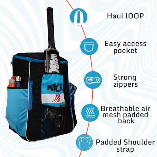 Image of WHACKK Villiers Junior Cricket Kit Bag Blue Black|51L Capacity with Bat Pocket, Mesh Pocket, Multiple Compartments & Easy Carry Design