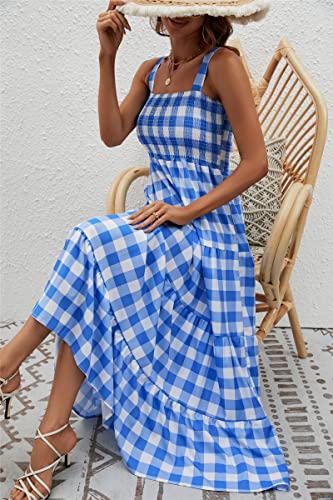 Image of kinstell Women's Summer Boho Spaghetti Strap Square Neck Ruffle Casual Flowy Long Dress Beach Swing Party Maxi Dress