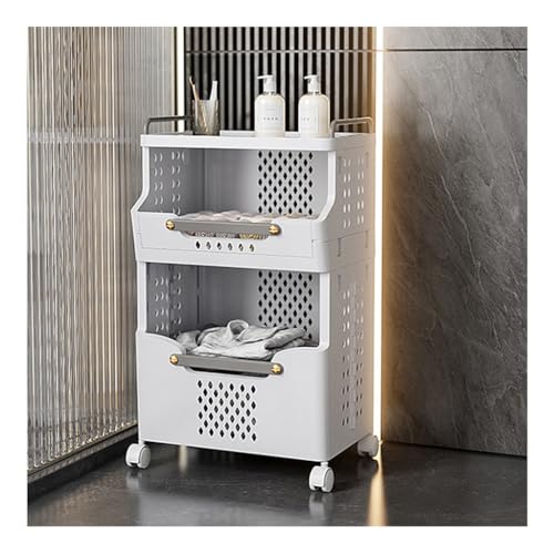 Chariot à linge pliable plastique 2 niveaux petit meuble rangement roulettes