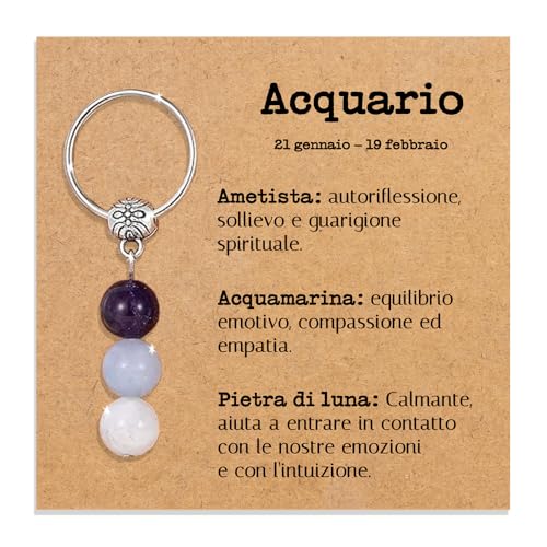 Portachiavi personalizzato con cristalli naturali, idea regalo Segni zodiacali Gadget con pietre curative regali per lui uomo per lei donna. Cristalli curativi con dedica speciale (Acquario)