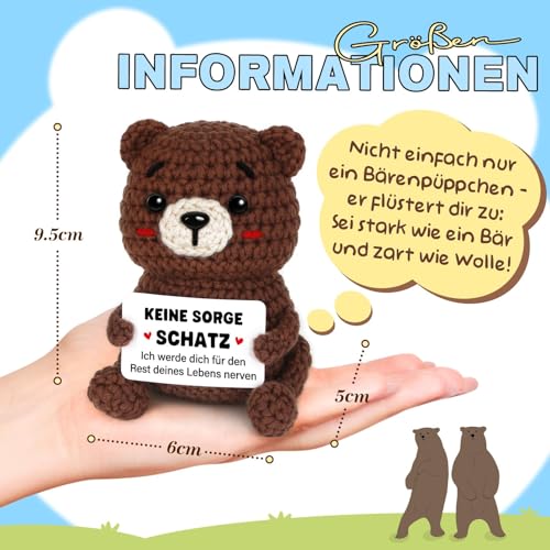CheriGift Partner Geschenke, Positive Handgehäkelter Bär Figuren, Ich Liebe Dich Geschenke Jahrestag Weihnachten, Hochzeitstaggeschenke für Männer Frauen