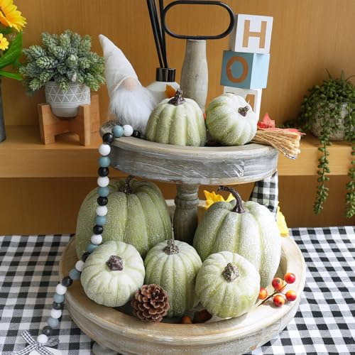 Image of Winlyn 7 Pcs Assorted Sizes Artificial Green Pumpkins Decorative Green Whitewashed Faux Foam Pumpkins for Halloween Thanksgiving Farmhouse Fall Autumn Harvest Home Mantel Table Centerpiece