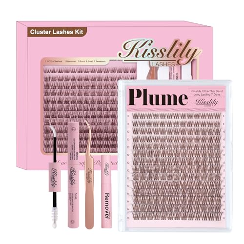 Plume Brown Lashes Natural Lash ClustersWith Invisible Band DlY Lash Extension Kit Eyelash Kit with Bond and Seal 8-16mm C Curl Beginner Individual Lashes Long lasting Makeup For Girl